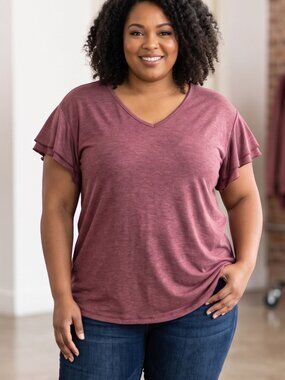 NWT | Automet Heathered Dusty Pink Flutter Sleeve Top | V-Neck | Size L